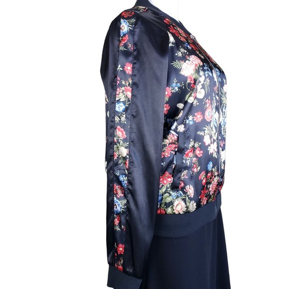 No Boundaries Black Floral Poly Zip Bomber Jacket Size Jr. 11-13 Fits Women M - Picture 4 of 10